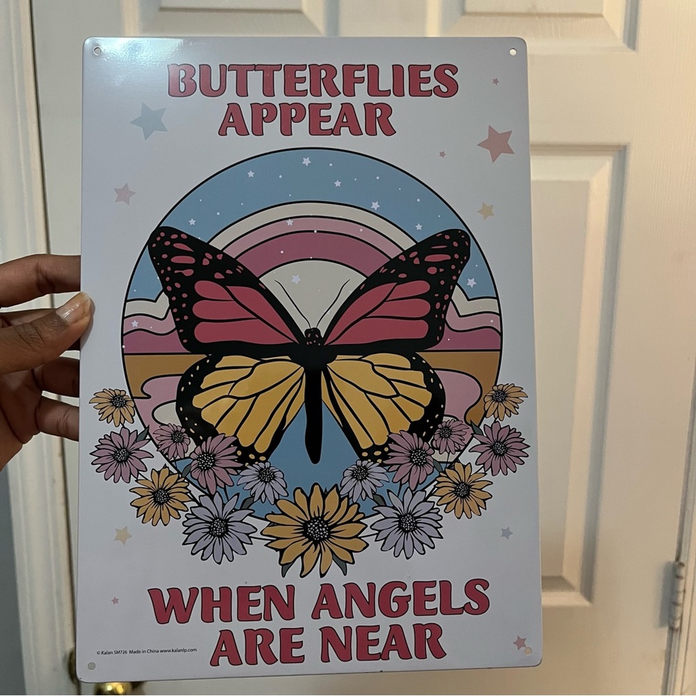 Butterflies Appear Metal Wall Art Sign – Pink & Yellow Butterfly